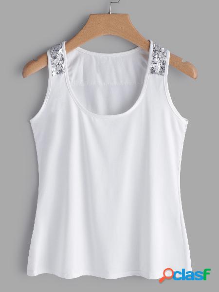 White Sequins Embellished Plain Round Neck Sleeveless Tank