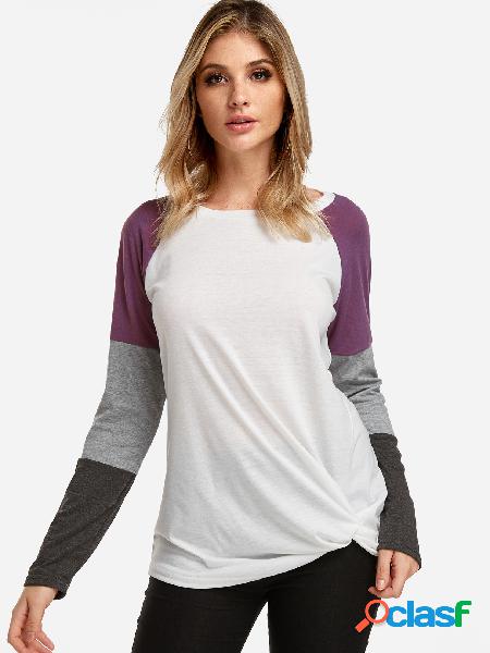 White Stripe Pattern Patchwork Round Neck Knot Design