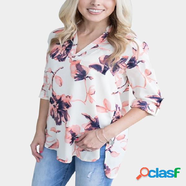 White V-neck Roll Up Sleeves Curved Hem Random Floral Print