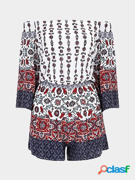 3/4 Length Sleeves Floral Print Off-Shoulder Romper