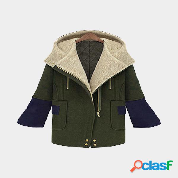 Army Green Collage Hooded Zipper Thicken Casual Outerwear