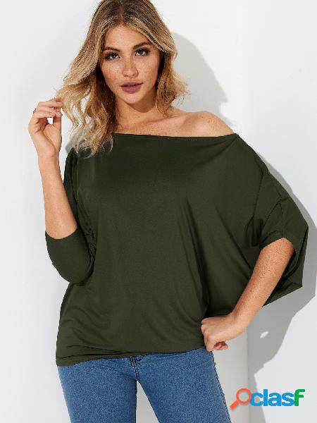 Army Green Pleated Design One Shoulder Long Sleeves T-shirt