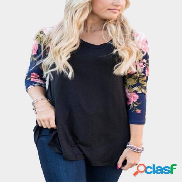 Black Cozy Round Neck Raglan Sleeves Navy Floral Print Top