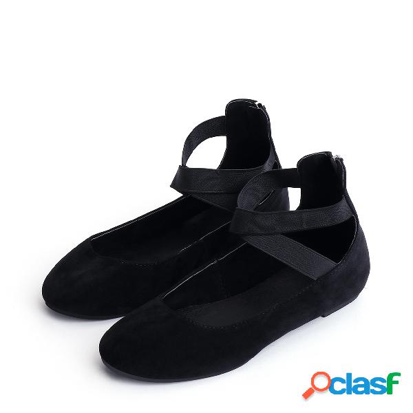 Black Cross Strap Back Zip Suede Flats