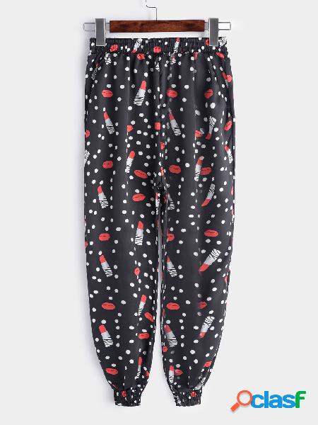 Black Elastic Strap Lip Printed Drawstring Waist Pants