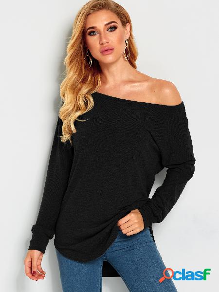 Black One Shoulder Long Sleeves Knitted Casual Top