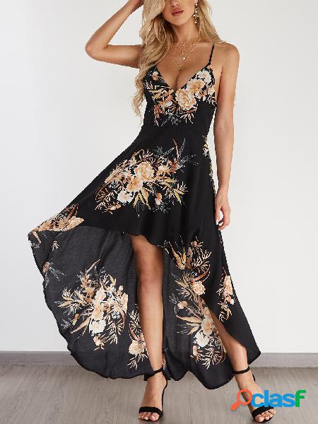 Black Random Floral Print Backless Design Halter Dress with