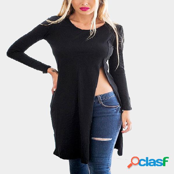 Black Slit Hem Long Sleeves Longline T-shirt