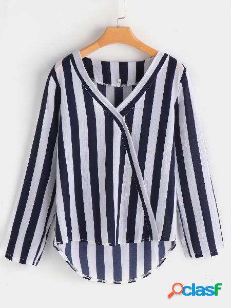Blue Crossed Front Design Stripe V-neck Long Sleeves Blouses