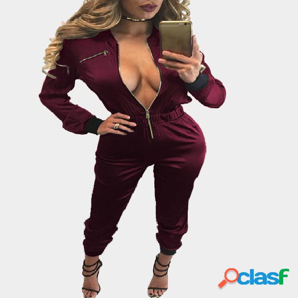 Burgundy Crew Neck Zipper Design Elastic Waist Jumper