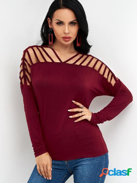 Burgundy Cut Out Design Plain Long Sleeves T-shirts