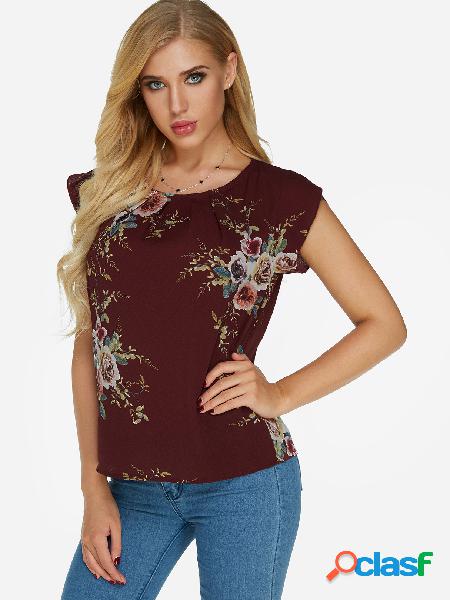 Burgundy Random Floral Print Round Neck Top