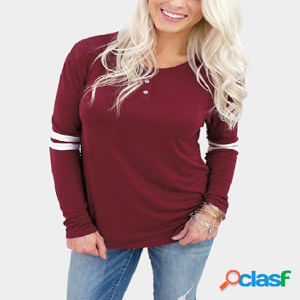 Burgundy and White Round Neck Loose T-shirt with Button