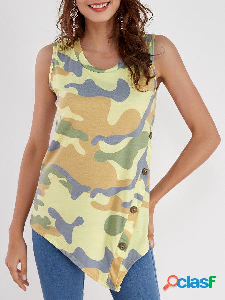 Camo Floral Print Round Neck Button-down Tank Top