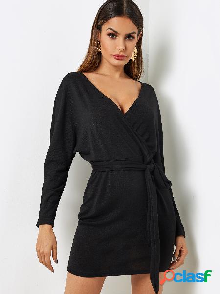 Casual Black Dolman Sleeve Surplice Dress With Belt