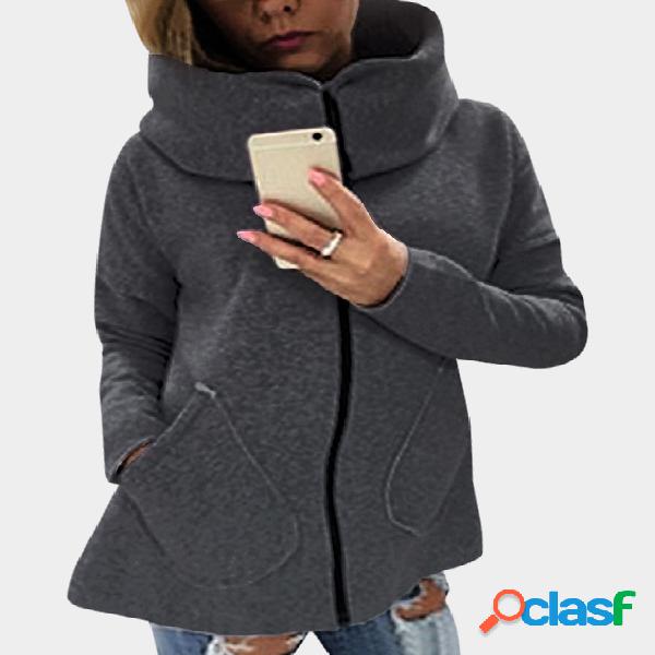 Dark Grey High Neck Zipper Closure Causal Coat