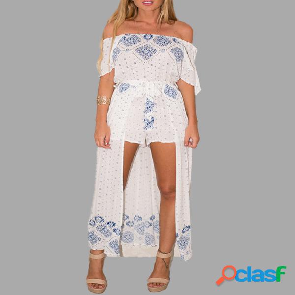Ethnic Print Off The Shoulder Split Sleeves Maxi Jumpsuit