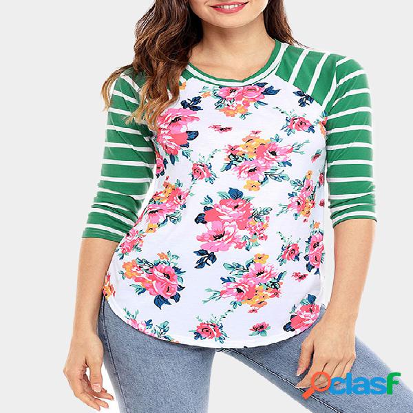 Green Random Floral Print Round Neck Stripe T-shirt