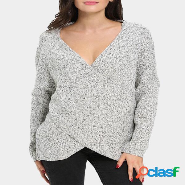 Grey Crossed Front Deep V-Neck Dolman Sleeve Jumper