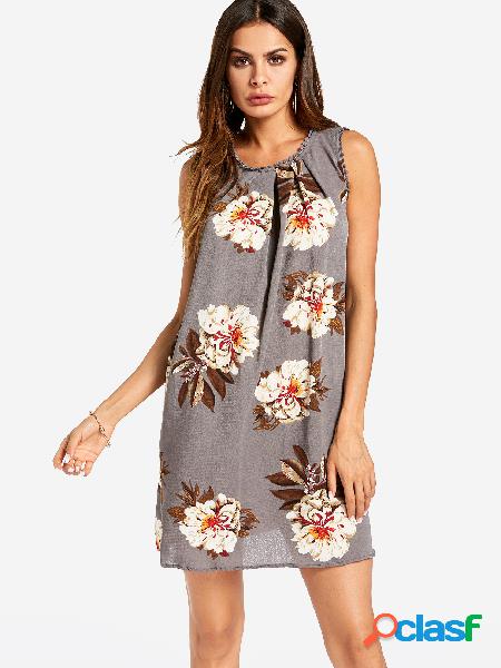 Grey Pleated Random Floral Print Mini Dress