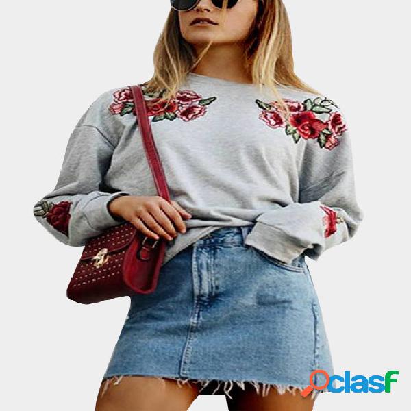 Grey Rose Embroidered Round Neck Long Sleeves Sweatshirt