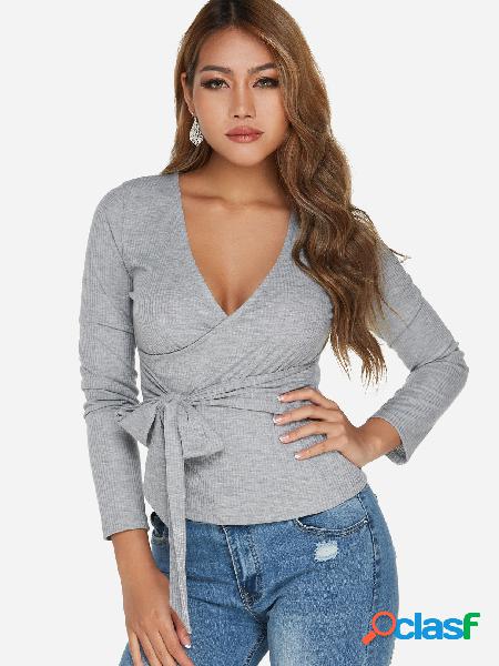 Grey Self-tie Design Deep V Neck Long Sleeves Top