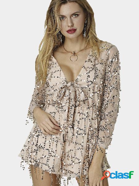 Khaki Sequined V-neck Long Sleeves Playsuit