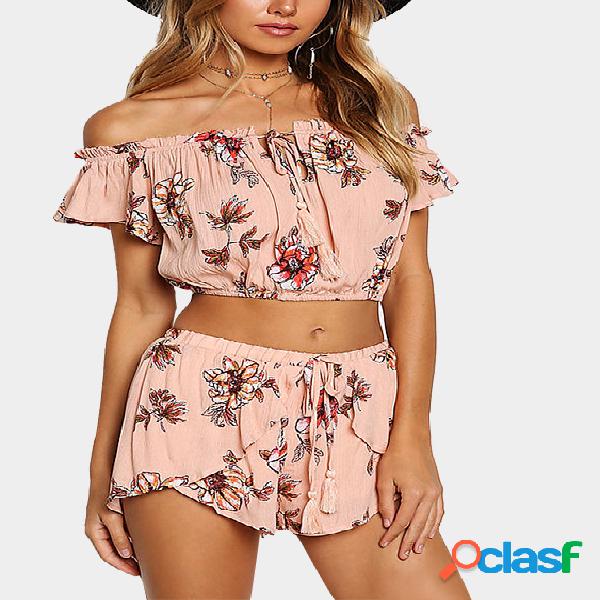 Pink Floral Crepe Off Shoulder Crop Top & Shorts