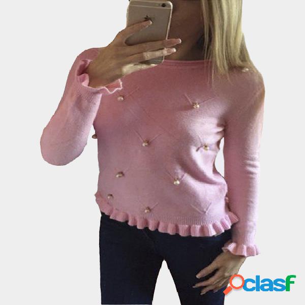 Pink Round Neck Beaded Detail Fahsion Jumper