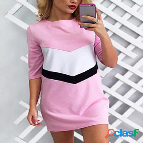 Pink Round Neck Half Sleeves Colorblock Shirt Dress