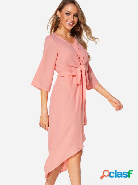 Pink Self-tie Design 3/4 Length Sleeves Dress