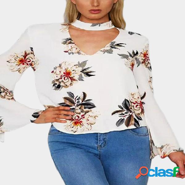 Random Floral Print Blouses With Choker