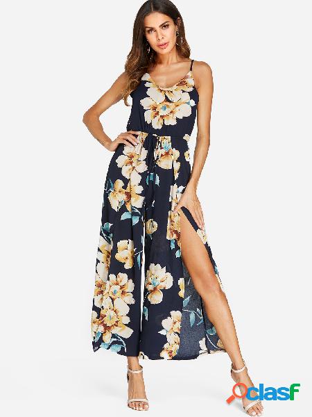 Random Floral Print Spaghetti Strap Drawstring Waist High