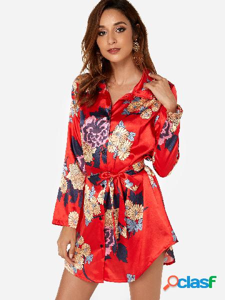 Red Belt Design Random Floral Print Lapel Collar Long