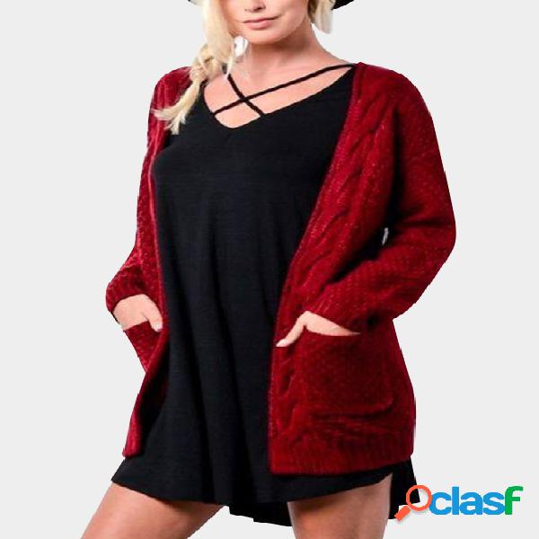 Red Side Pockets Long Sleeves Knitted Cardigan
