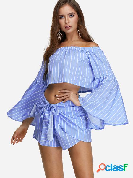 Stripe Off Shoulder Flared Sleeves Crop Top & Short Co-ord
