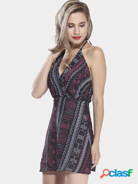 V-neck Wrap Front Halter Dress in Printing