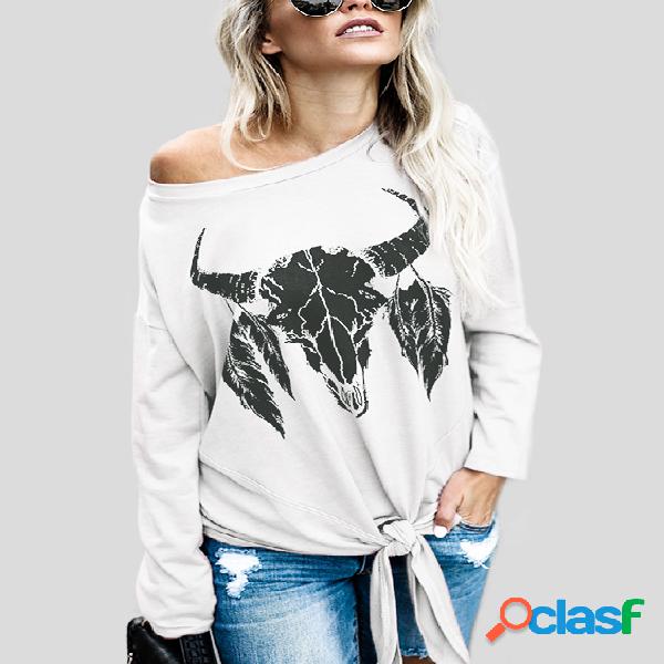 White Cow Pattern Long Sleeves Tie Hem Fashion T-shirt