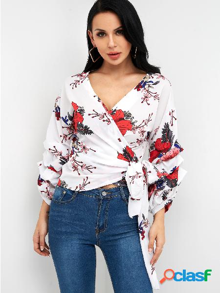 White Crossed Front Design Random Floral Print V-neck Ruffle