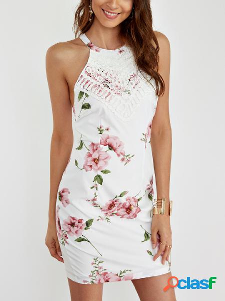 White Halter Random Floral Print Mini Dress