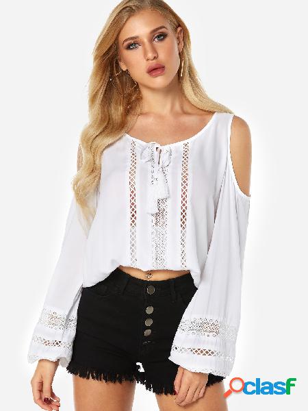 White Hollow Design Cold Shoulder Long Bell Sleeves Top