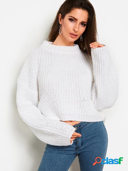 White Plain Round Neck Long Sleeves Loose Knitting Sweaters