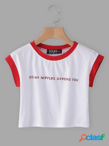 White&Red Letter Crew Neck Short Sleeves Crop Top