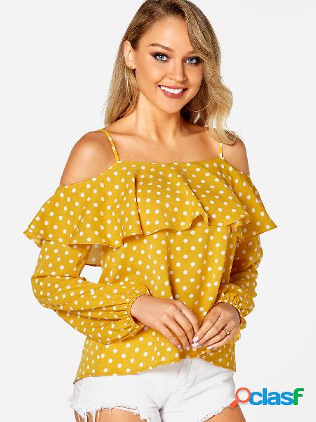 Yellow Polka Dot Fold Over Detail Spaghetti Strap Blouses