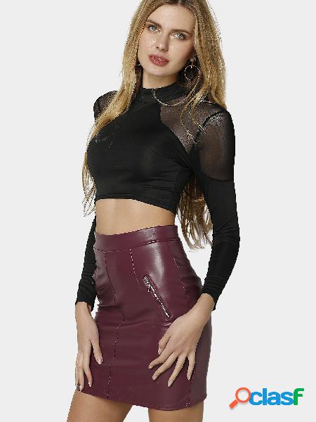 Black Crew Neck Long Sleeves Crop Top with Sheer Mesh