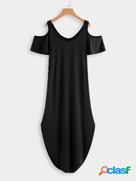 Black Slit Design Plain Cold Shoulder Short Sleeves Maxi