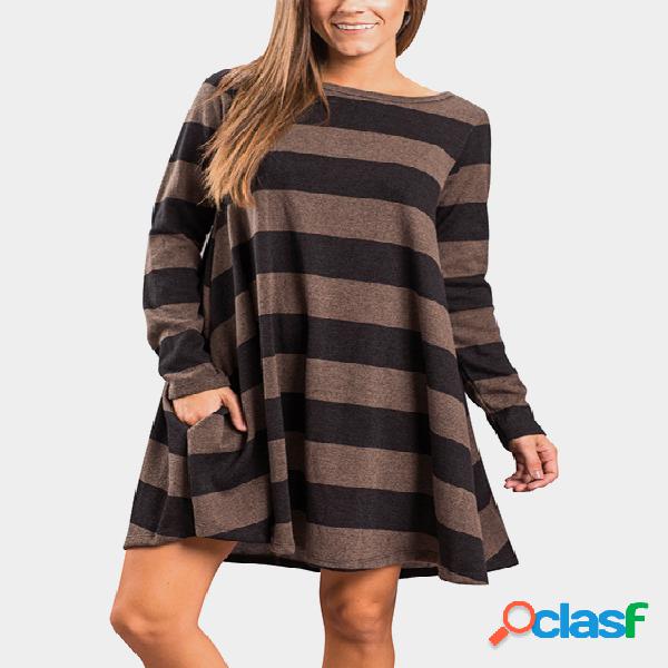 Black Stripe Round Neck Long Sleeves Stitching Casual Dress