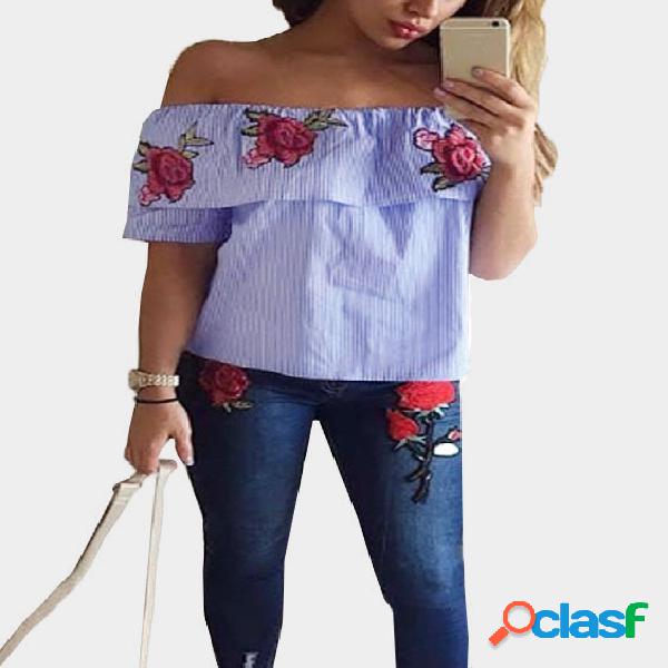 Blue Off-The-Shoulder Random Floral Embroidered Stripe Top