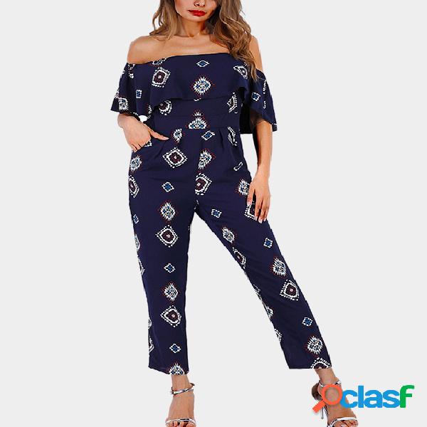 Blue Tiered Random Floral Print Off Shoulder Jumpsuit