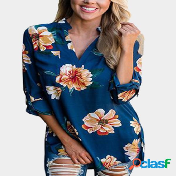 Blue V-neck Roll up Sleeves Random Floral Print Blouse